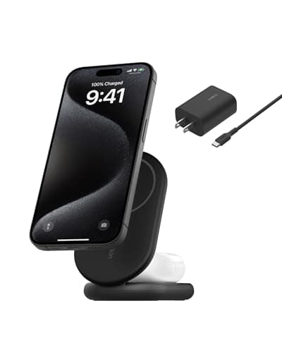 Belkin MagSafe-Compatible Charger, 2-in-1 Magnetic Foldable Charger 15W - Qi2-Certified Wireless Charging for Apple iPhone 16, Apple Watch, Samsung Galaxy S25 w/Non-Slip Base, PSU Included - Black