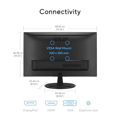 ASUS VP229Q 21.5” Monitor, 1080P Full HD, 75Hz, IPS, FreeSync/Adaptive-Sync, Eye Care, HDMI DisplayPort VGA, Frameless, VESA Wall Mountable Black 6