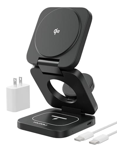 KU XIU X55Q Foldable 3 in 1 Magnetic Wireless Charger, 15W Qi2 Fast Charge for iPhone 17/16/15/14/13/12 and iPhone Air, 5W for Apple Watch 11–4/SE/Ultra, for AirPods 4/3/2/Pro 3/2/1 with 45W Adapter