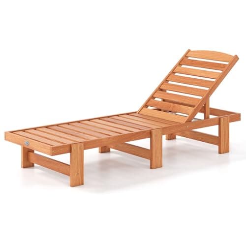 COSTWAY Solid Wood Chaise Lounge, Outdoor Lounge Chair with 5-Position Adjustable Backrest, Wooden Patio Lounger for Sunbathing, Yard, Teak Oil Finished (1)