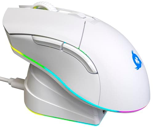 KLIM Blaze Pro Rechargeable Wireless Gaming Mouse with Charging Dock RGB - New Version - High-Precision Sensor and Long-Lasting Battery - Up to 6000 DPI - Great PC Gaming Mouse Wireless - White