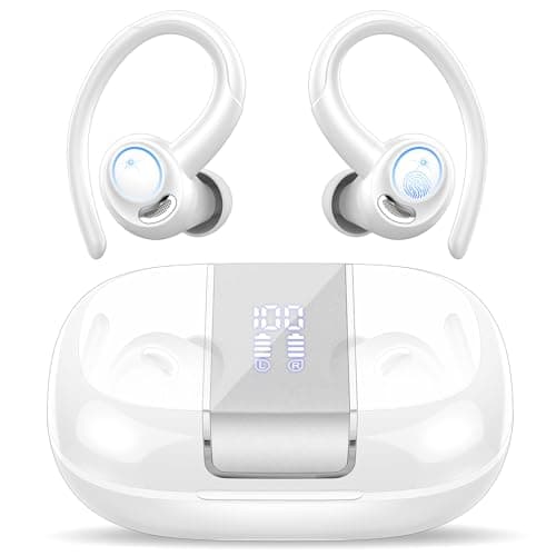 Headphones Wireless Earbuds Sport, Bluetooth 5.3 Over Ear Buds Stereo Deep Bass Headset with Earhooks, 48H Wireless Earphones with HD Mic, IP7 Waterproof Earbud for Sports/Running/Workout White