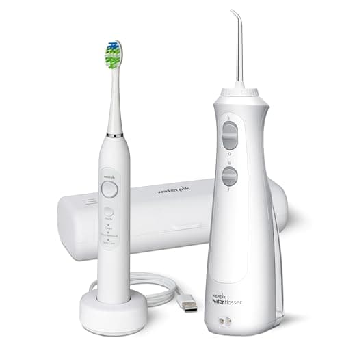 Waterpik Cordless Pearl and Sensonic Rechargeable Electric Toothbrush and Water Flosser Combo, Complete Dental Care for Teeth, Gums, Braces and Travel – ADA Accepted, White