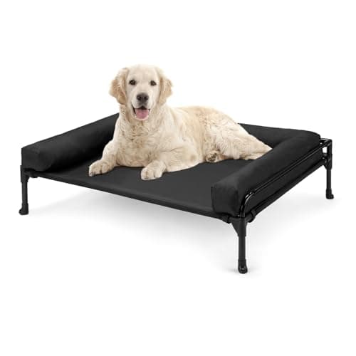 Veehoo Elevated Raised Dog Bed-Cooling Outdoor Dog Cot Bed for Large Sized Dogs Three-Sided Fence Raised Pet Cot with Mesh & No-Slip Feet Dog Hammock Bed with Removable Bolster-35 x 22" Black