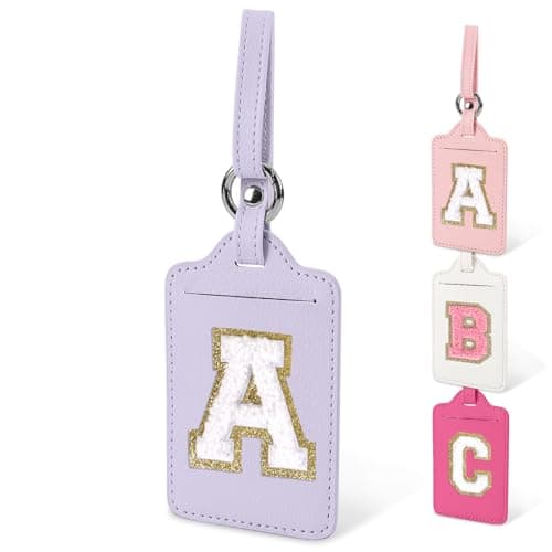 Initial Luggage Tags for Suitcases, Cute Letter Luggage Bag Suitcase Identifier Name Baggage Tag, PU Leather Travel Luggage Tags, Bag Tags for Men Women Kids Luggage Handbags(Purple-White A)