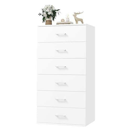 FOTOSOK White Dresser 6 Drawer Dresser, MDF Board 23.6W x 17.7D x 46.9H Inches Chest of Drawers with Mental Handles, Modern Tall White Dresser with Large Capacity, Tall Dresser White Drawers for Home