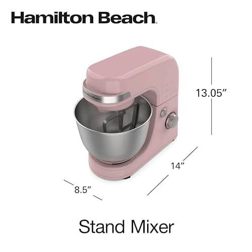 Hamilton Beach Electric Stand Mixer, 4 Quarts, Dough Hook, Flat Beater Attachments, Splash Guard 7 Speeds with Whisk, Rose 8