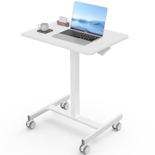 DUMOS Small Standing Desk Mobile Portable Rolling Laptop PC Table on Wheels Adjustable Height Computer Workstation for Home Office, 19 Inch, Pure White