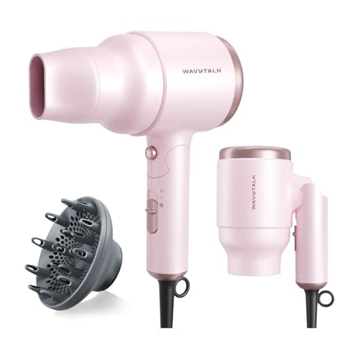 Wavytalk Blow Dryer with Diffuser, Mini Hair Dryer with Folding Handle, 1600W Quiet Lightweight Hairdryer with Diffuser Compact Design, Pinky White