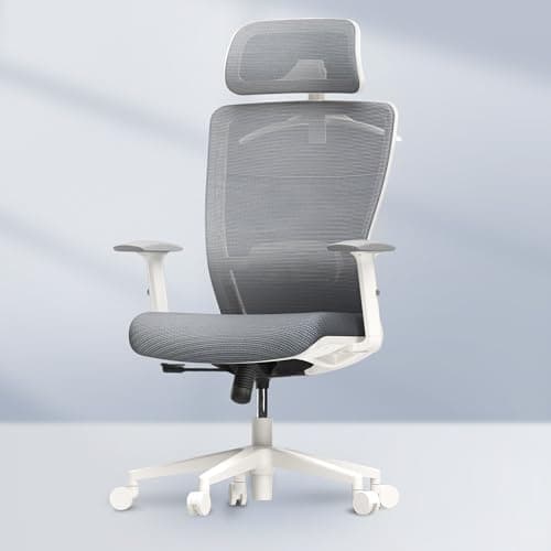 FLEXISPOT Classic Ergonomic Office Chair with High Back Swivel Computer Chair Executive Office Desk Chairs, with Lumbar Support/2D Headrest/Lockable Tilt Function, Foam Seat Cushion, White+Gray
