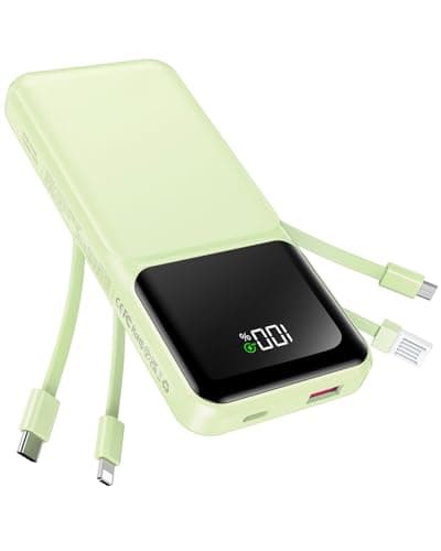 RONEGN Portable Charger with Built in Cable -20000mAh Fast Charging Power Bank USB C Slim 22.5W LED Display Battery Pack 5 Outputs & 3 Inputs for Travel Essentials iPhone Samsung Phones Green