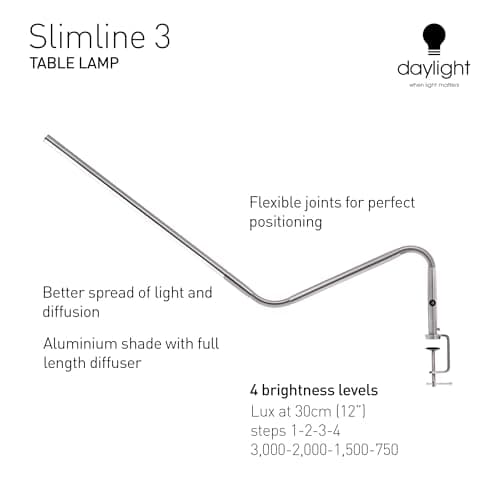 Daylight Company, LLC U35108 Slimline 3 Table Lamp-LED-80 CRI-Eye Care-4 Brightness Levels, 3,000 LUX at 30 cm, 1,065 LUMENS-4 Step DIMMER Mode, Brushed Steel, 25.6 x 30 x .8 5