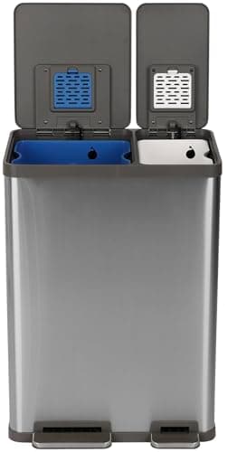 Simpli-Magic 16 Gallon (38L x 22L) Dual Compartment Step Trash Can – Kitchen Garbage Can with Waste & Recycling Bins – Slow-Close Lid, Odor Control, Hands-Free, Easy to Clean, Brushed Stainless Steel