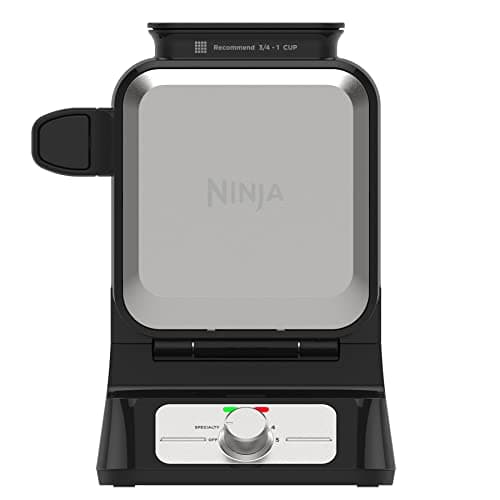 Ninja Belgian Waffle Maker Pro | Vertical Design | 5 Shade Settings with Precision-Pour Cup & Chef-curated Recipe Guide | Black & Silver | BW1001
