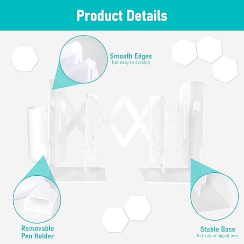 SAYEEC Adjustable Bookends with Pen Holder Expandable Book Ends for Heavy Books Plastic Desk Book Holder Stand Stopper Rack Magazine Binder Organizer for Shelves Bookcase Office School Home (White) 6