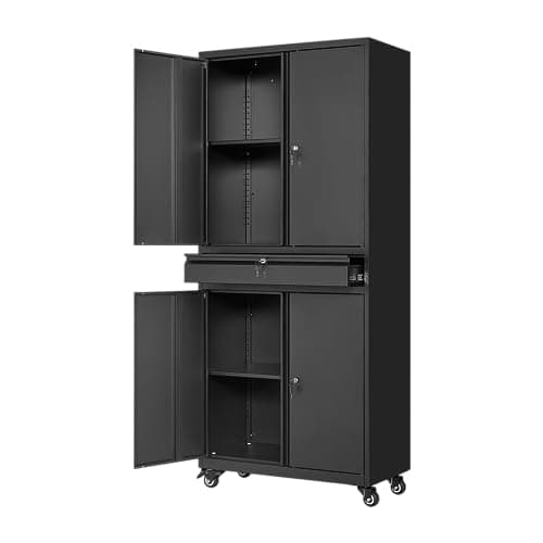 Yizosh Metal Garage Storage Cabinet with Locking Doors and Adjustable Shelves, 73" Rolling Tool Storage Cabinet with 4 Wheels and 1 Drawer for Garage,Warehouse (Black)