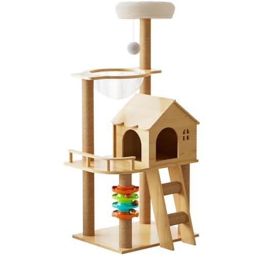 Elegaif Cat Tree, Wood Cat Tree Tower for Indoor Cats, 47.3" Modern Cat Tower with Sisal-Covered Scratching Posts and Top Perch，Cat Condo with Acrylic Hammock for Small Large Cats