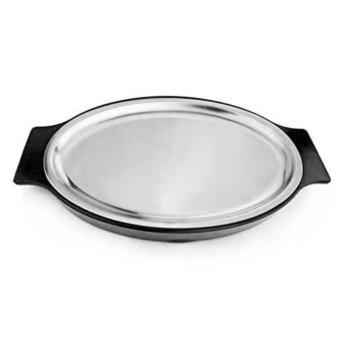New Star Foodservice 26733 Oval Stainless Steel Sizzling Platter with Insulated Holder, 11.63" x 8", Black 9