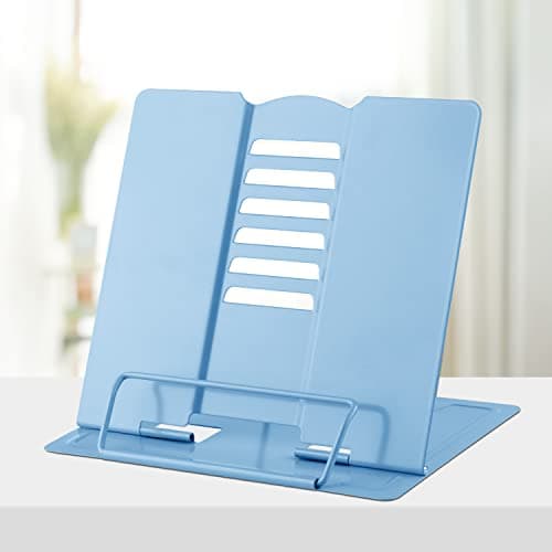 Honagu Metal Desk Book Holder, Hands Free Adjustable Cookbook & Document Holder, Portable Bookstand for Music Books, Textbooks, Recipes, Tablets & iPads (Light Blue)