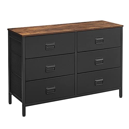 SONGMICS Dresser for Bedroom, Storage Organizer Unit with 6 Fabric Drawers, Chest of Drawers, Steel Frame, for Living Room, Entryway, Rustic Brown and Black ULTS223B01