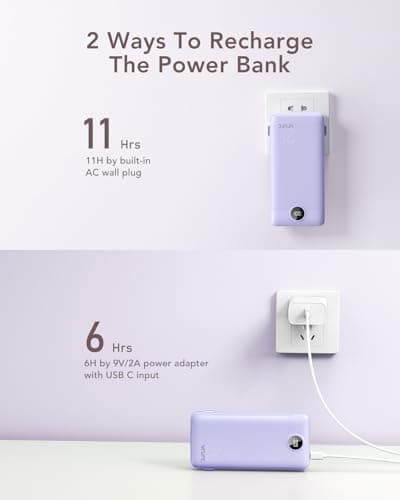 VRURC Portable Charger 20000mAh, Fast Charging Power Bank USB C,4 Output 2 Input Travel Essentials Charging Bank Equipped with LED Display,Built-in Wall Plug and Cables,Phone Charger Battery,Purple 9