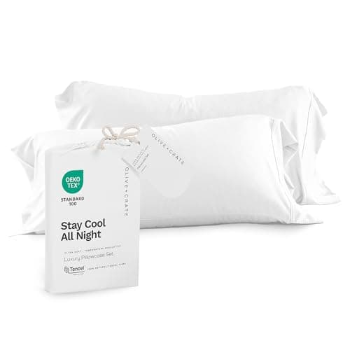 Olive + Crate Tencel Eucalyptus Pillowcases - 100% Tencel Lyocell Cooling Pillow Cases for Hot Sleepers - Hypoallergenic, Moisture-Wicking, Silk Alternative, Vegan, Standard Size Set of 2 [White Snow]