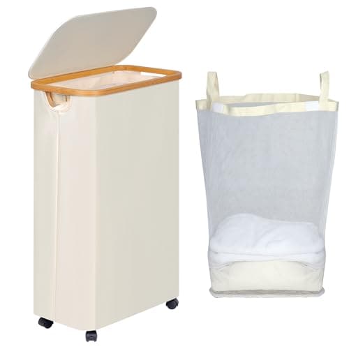 efluky Slim Laundry Basket with Wheels, Narrow Rolling Laundry Hamper with Lid and Removable Bag, Aesthetic Dirty Clothes Hamper on Wheels for Laundry Room, Bedroom, Dorm and Bathroom, 75L Beige