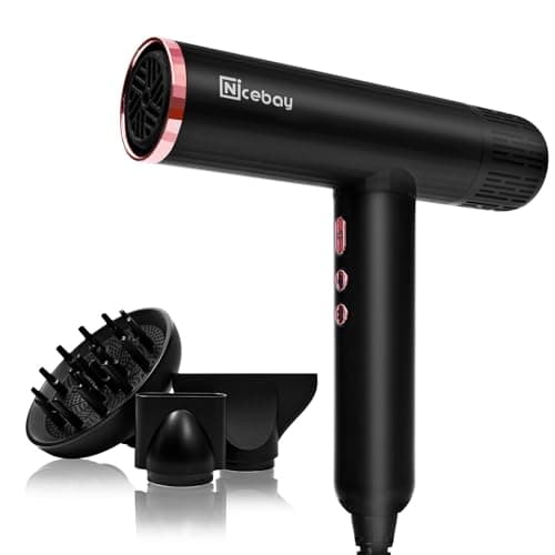 Nicebay Ionic Hair Dryer with Diffuser, Professional Blow Dryer with 3 Attachments, 150000RPM High-Speed Brushless Motor for Fast Drying, Lightweight, Low Noise, 2000W