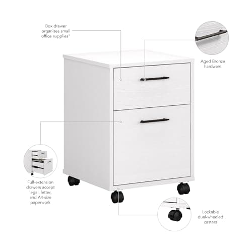 Bush Furniture Key West Rolling File Cabinet,File Cart for Home Office in Pure White Oak,2 Drawer File Cabinet on Wheels 6
