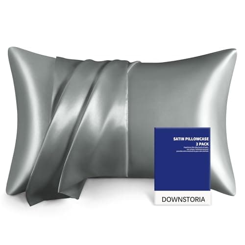 DOWNSTORIA Satin Pillowcase for Hair and Skin Similar to Silk Pillow Cases 2 Pack,Smooth and Cooling, Grey Pillow Cover with Envelope Closure Set of 2, Gifts for Women Men(20x36 Inches, Light Gray)