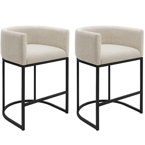 KRAMZMING Counter Height Bar Stools Set of 2, 24 Inch Seat Height Barstools for Dining Room, Fabric Upholstered Bar Chair for Kitchen Island, Linen Counter Stools with Metal Legs, Beige 9