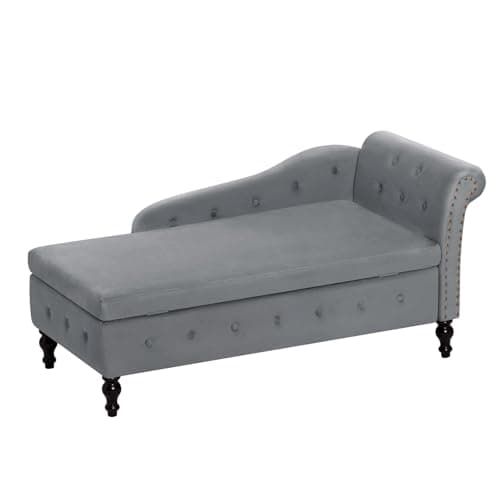 ACMEASE Upholstered Chaise Lounge with Right Armrest & Lumbar Pillow,Button Tufted Lounge Sofa with Storage,Lounge Chair Indoor,Modern Velvet Lounge Chair for Bedroom, Living Room and Office,Grey 8