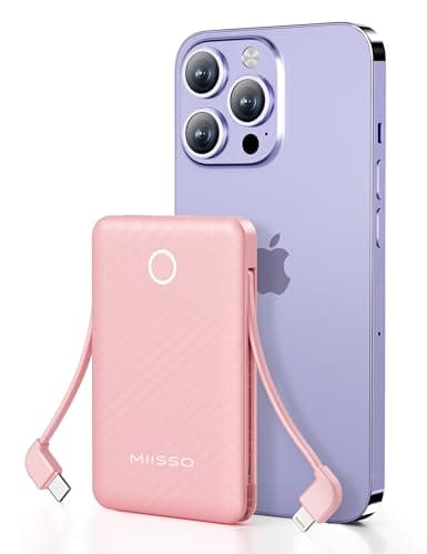 miisso 6000mah Ultra Slim Built in Cables Power Bank, Card Size Built in USB C Cords Battery Pack Portable Charger for Phones, 3 Output External Battery Pack Compatible with iPhone, Pink