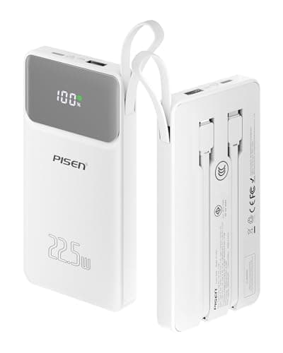 PISEN 3C Certified Power Bank - 10000mAh 22.5W CCC Power Bank with Built in Cable, Travel Battery Pack Portable 3C Charger with LED Display, Portable Charger with Built in Cable for iPhone, Samsung