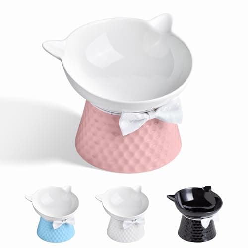 Ceramic Raised Cat Bowl with Stand and Bow Tie, Tilted Elevated Anti-Vomit Cat Dish for Whisker Relief, Microwave & Dishwasher Safe, Cute Pet Food Bowl for Cats and Small Dogs (Pink)