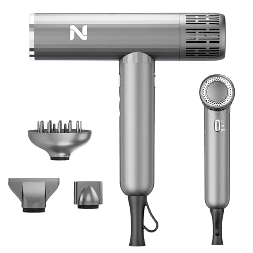 Natrial Ionic Professional Hair Dryer with Diffuser for Curly Hair,1600W&110000RPM High Speed Blow Dryer for Women,Fast Drying,Lock Function,Low Noise,Lightweight for Home Travel Salon,Grey&Silver