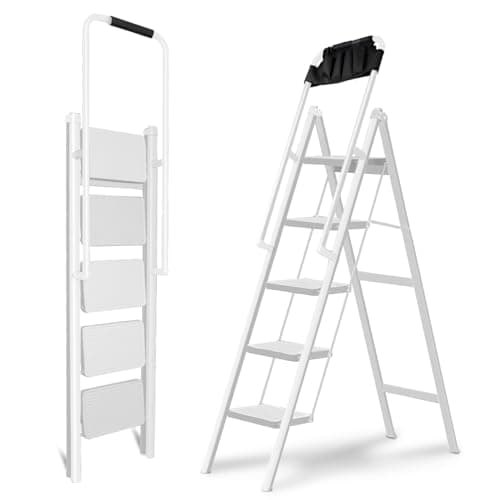 Double Elite Step Ladder 5 Step Folding with Handrails, Safer 5 Step Ladder for Home, Convenient Folding Step Stool with Tool Bag, Sturdy Indoor/Outdoor Ladder for Adults Anti-Slip Pedals, White