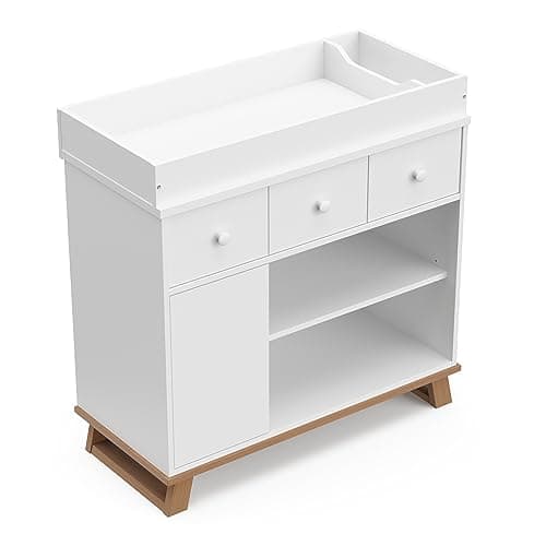 Storkcraft Modern Nursery Changing Table Dresser Combo (White & Vintage Driftwood) – GREENGUARD Gold Certified, Dresser for Nursery, Changing Table with Drawers, Removable Changing Table Topper 11