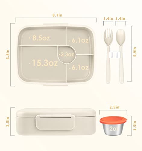 ANDMOON Bento Lunch Box, 5 Compartments Lunch Container for Kids/Adults with Snack cup, Wheat Fiber Eco-Friendly Double Insulated Boxes, Dishwasher and Microwave Safe, BPA-Free (White) 6