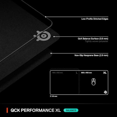 SteelSeries QcK XL Performance Balance Gaming Mouse Pad - Extra Density for Smooth Glide - Flat Stitched Hems - Non-Slip Neoprene Rubber Base - 900 x 400mm - FPS, MOBA, RTS, MMO 9