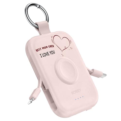RORRY Portable Charger, 5000mAh Portable Charger Power Bank with Built-in Cables, Travel Keychain Battery Pack for Apple Watch Ultra/11/10/9/8/7/6/SE, iPhone Air/17/16/15/14/13/12, Mom-Pink
