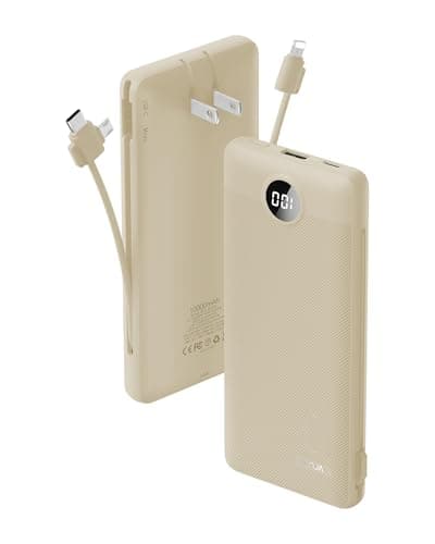 Portable Charger Built-in Cables and AC Wall Plug, USB C Power Bank 10000mAh, Travel Battery Portable Phone Charger Compact Lightweight External Battery Pack for Smart Phones, Tablets etc-Light Coffee