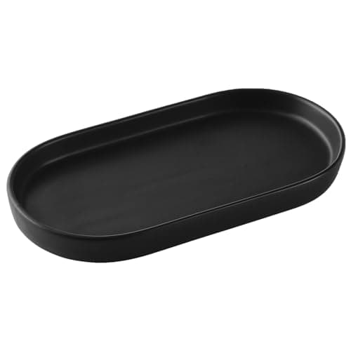 Eyrozia Matte Black Round Soap Dispenser Tray - 8'' Ceramic Vanity Tray for Bathroom Decorative, Jewelry Ring Dish, Comestic Holder, Kitchen Sink Countertop Organizer Plate
