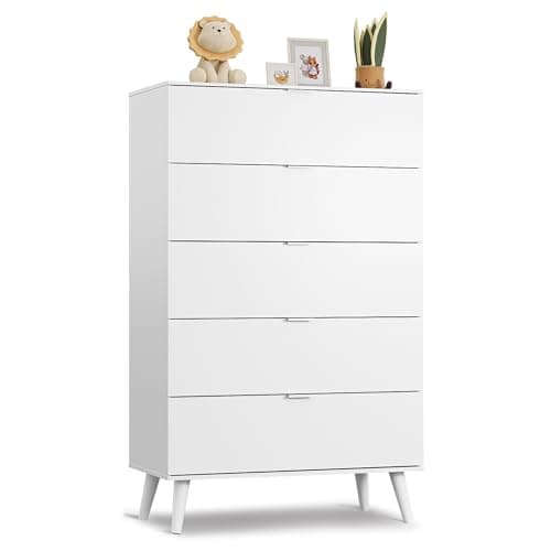 WLIVE 5 Drawer Dresser for Bedroom, Tall Wooden Dresser, White Dressers Storage Organizer with Sturdy Metal Handle, Chest of Drawers for Living Room, Hallway, Closet