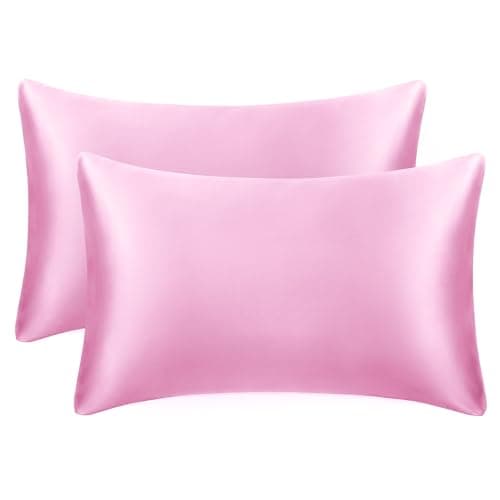 EXQ Home Silky Satin Pillowcase for Hair and Skin,Pink Soft Cooling Pillow Cases Standard Size Set of 2 Satin Pillow Case with Envelope Closure, Gifts for Women Men