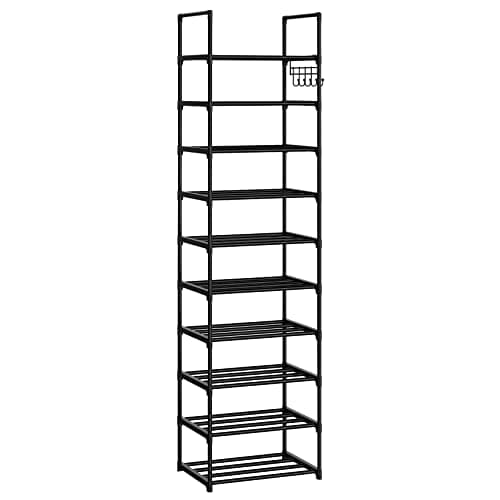 WEXCISE Narrow Shoe Rack 10 Tiers Tall Shoe Rack for Entryway 20 24 Pairs Shoe & Boots Organizer Storage Shelf Durable Black Metal Stackable Shoe Cabinet with Hooks, 17.1D x 11.8W x 78.7H in 7