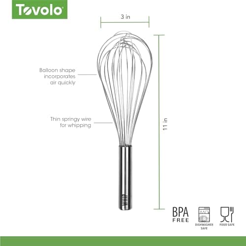 Tovolo Balloon Whisk Stainless Steel 9 in Whip Whisk for Cooking Blending Mixing Stirring Whipping Beating, Dishwasher Safe Metal Handheld Large Heavy Duty Multi Function Whip Whisking Mixing Tool 6