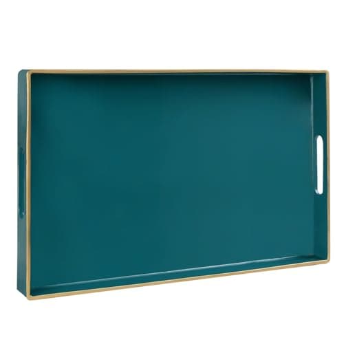 MAONAME Teal Serving Tray with Handles, Modern Decorative Tray for Coffee Table, Plastic Rectangular Trays for Ottoman, Bathroom, Decor, 15.8” x 10.2” x 1.4"