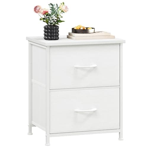 Somdot Nightstand, Small Dresser for Bedroom with 2 Drawers, Bedside Table Night Stand End Table with Fabric Bins for Bedroom Kids Closet Dorm Guest Room, White Leather
