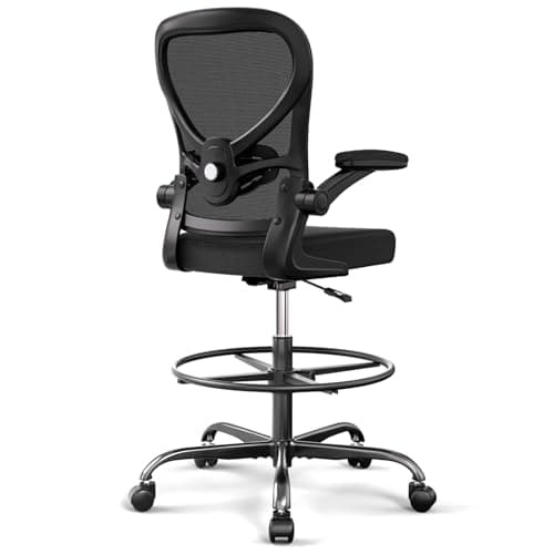 Alolo Drafting Chair,Big and Tall Office Chair with Footrest Ring,Ergonomic Chair for Counter Height and Standing Desk Comfy with Lumbar Support and Flip-up Armrests in Heavy Rolling Base,Black